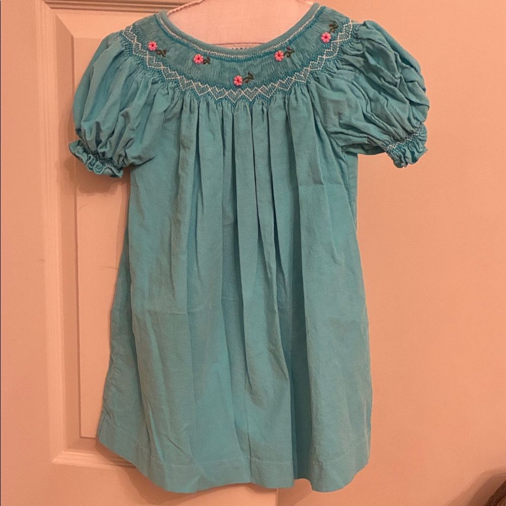 Corduroy Aqua Blue Kids Dress with Embroidered Details